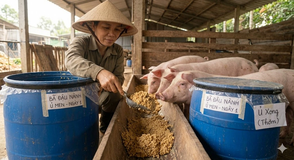 Nhà nông sử dụng bã đậu làm thức ăn cho gia súc Nhà nông sử dụng bã đậu làm thức ăn cho gia súc