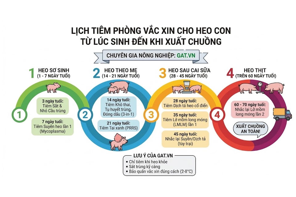 Sơ đồ chi tiết lịch tiêm phòng cho heo con từ sơ sinh đến xuất chuồng