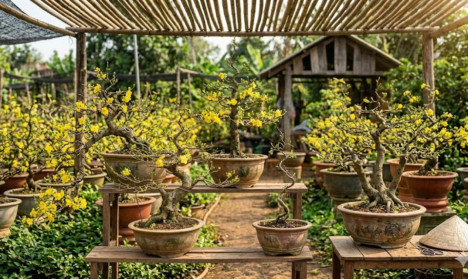 Các thế bonsai mai vàng phổ biến tại vườn, từ thế Trực hiên ngang đến thế Huyền mềm mại, mỗi dáng cây đều mang một ý nghĩa phong thủy tốt lành cho gia chủ trong ngày Tết.