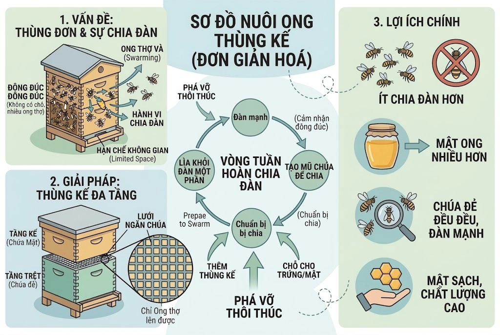 Sơ đồ đơn giản hóa kỹ thuật nuôi ong trong thùng kế (bản tiếng Việt).