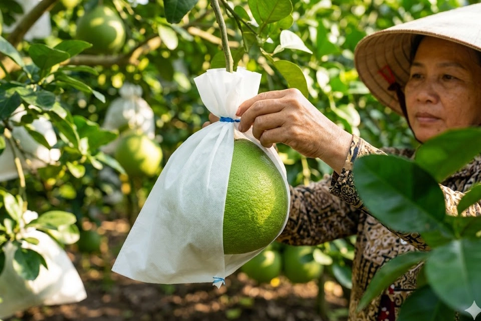 bao-trai-buoi-da-xanh-chong-ruoi-vang-01 Thực hiện thao tác bao túi vải không dệt màu trắng cho quả bưởi Da xanh giai đoạn phát triển, giúp ngăn chặn ruồi vàng và chống nám nắng do nhiệt độ cao.