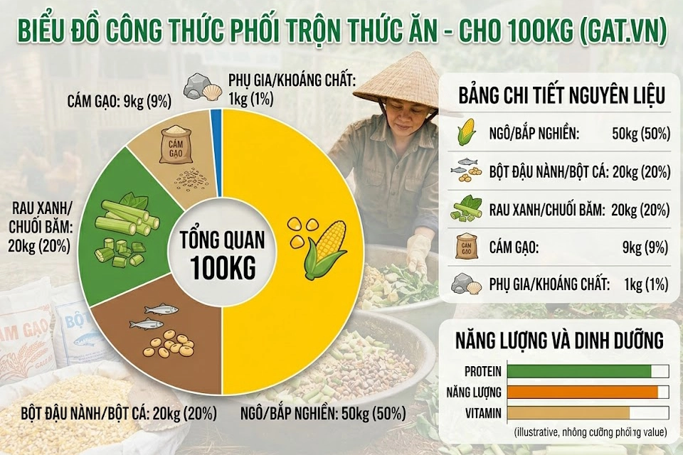 Biểu đồ mô tả chi tiết tỷ lệ và trọng lượng của từng nguyên liệu chính (Tinh bột, Đạm, Xơ, Khoáng) để tạo ra 100kg thức ăn hỗn hợp hoàn chỉnh cho gà thả vườn theo công thức chuẩn.