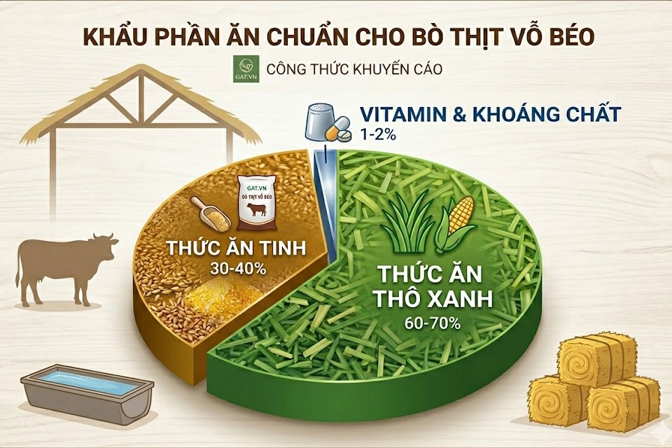 Biểu đồ tròn thể hiện tỷ lệ phối trộn khẩu phần ăn chuẩn cho bò thịt vỗ béo, với phần lớn là thức ăn thô xanh (60-70%) kết hợp với thức ăn tinh (30-40%) và một lượng nhỏ vitamin, khoáng chất.