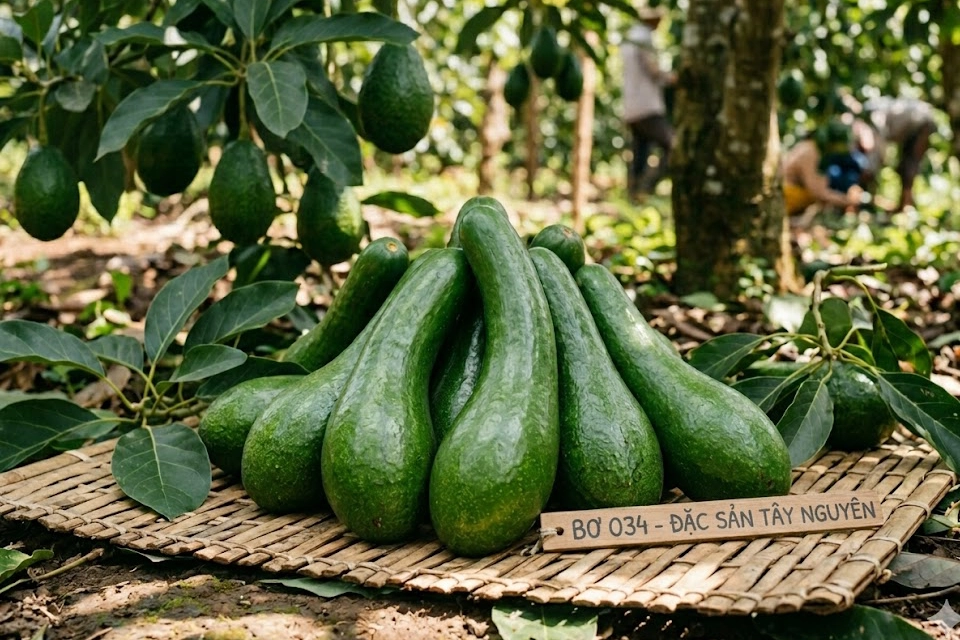 Những quả bơ 034 với hình dáng thuôn dài đặc trưng, lớp vỏ xanh bóng mượt được xếp ngay ngắn trên thảm tre tại vườn