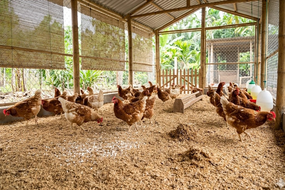 cach-lam-dem-lot-sinh-hoc-nuoi-ga Hình ảnh minh họa đàn gà khỏe mạnh đang hoạt động trên nền chuồng sử dụng đệm lót sinh học tơi xốp, khô ráo và không có mùi hôi