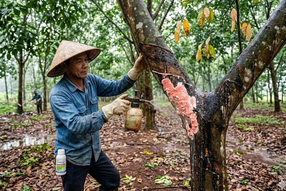 cach-xu-ly-nam-hong-cao-su copy Bà con cần phun thuốc đặc trị trực tiếp vào vết nấm hồng trên cây cao su để tiêu diệt mầm bệnh tận gốc.