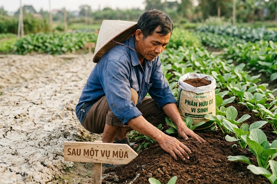 cai-tao-dat-bac-mau-bang-phan-huu-co-vi-sinh copy Hình ảnh minh họa: Quá trình hồi sinh đất bạc màu khô cằn (bên trái) trở nên tơi xốp, màu mỡ (bên phải) và giúp cây trồng xanh tốt nhờ bón phân hữu cơ vi sinh đúng cách