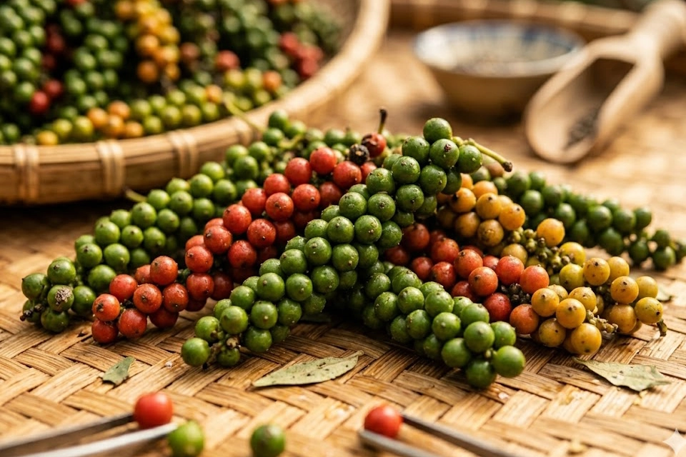 can-canh-chum-tieu-moi-thu-hoach copy Bức ảnh cận cảnh tập trung vào vẻ đẹp và chất lượng của những chùm tiêu đen vừa được thu hoạch từ vườn trụ sống.