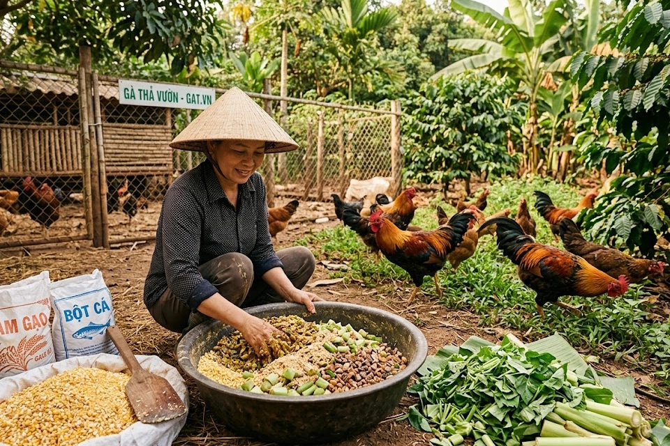 cong-thuc-tron-thuc-an-ga-tha-vuon copy Một nông dân Việt Nam đang trộn tay hỗn hợp thức ăn dinh dưỡng gồm cám gạo, bột bắp và rau xanh cho đàn gà thả vườn khỏe mạnh và lông mượt.