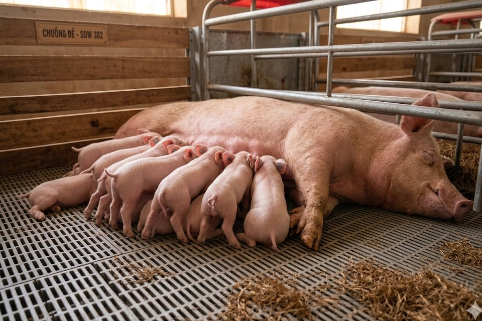 Đàn lợn con mới sinh đang quây quần bú sữa mẹ trong chuồng đẻ, cần được giữ ấm và bú sữa đầu càng sớm càng tốt để phòng bệnh tiêu chảy.