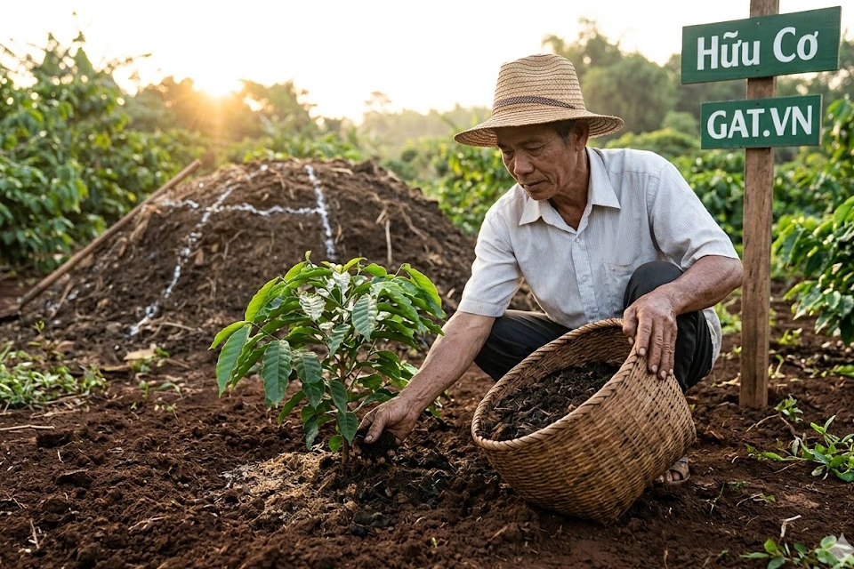 danh-sach-tieu-chuan-phan-bon-va-thuoc-bvtv-duoc-phep-dung-trong-trong-trot-huu-co-01 Hình ảnh thực tế một bác nông dân đang bón phân ủ hoai (compost) cho gốc cây cà phê con trong một khu vườn đạt chuẩn Organic