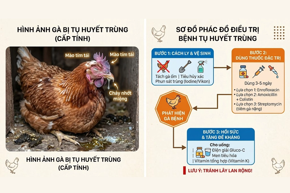 Hình ảnh gà bị tụ huyết trùng thể cấp tính với biểu hiện mào tím tái và chảy nhớt miệng.