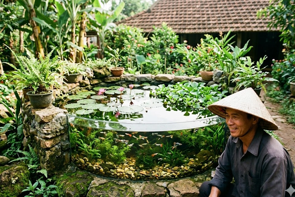 ho-ca-bay-mau-sinh-thai-san-vuon-gatvn Một góc hồ cá sinh thái nhỏ ngoài sân vườn được thiết kế hài hòa với thiên nhiên, nuôi nhiều loại cá bảy màu và được trang bị hệ thống lọc tự nhiên bằng cây thủy sinh.