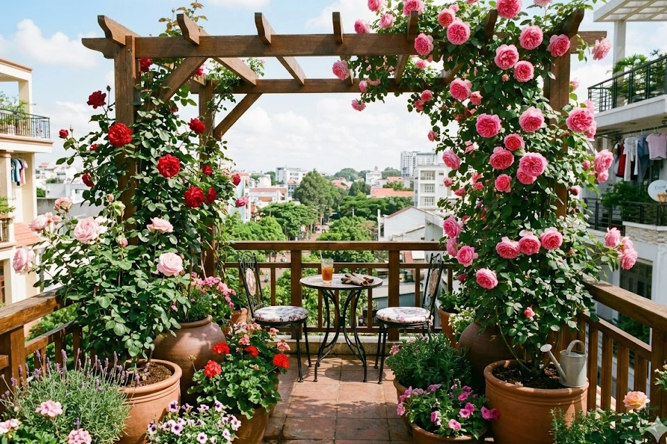hoa-hong-leo-ban-cong-ruc-ro Khung cảnh ban công xanh mát với giàn hoa hồng leo rực rỡ sắc màu, mang lại không gian thư giãn tuyệt vời cho ngôi nhà bạn