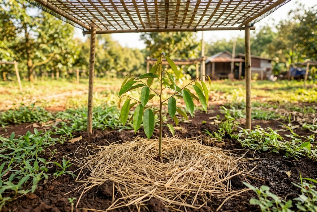 Cây sầu riêng con mới trồng được che lưới và tủ gốc bằng rơm rạ để giữ ẩm và tránh sốc nhiệt