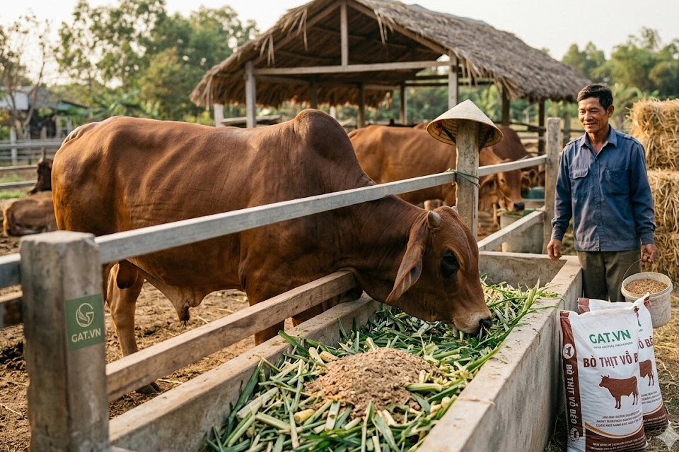 khau-phan-an-cho-bo-thit-vo-beo copy Khẩu phần ăn cân đối giữa thức ăn thô xanh (cỏ băm, cây ngô) và thức ăn tinh (cám, bã bia) là chìa khóa giúp bò thịt tăng trọng nhanh và đạt năng suất tối đa.