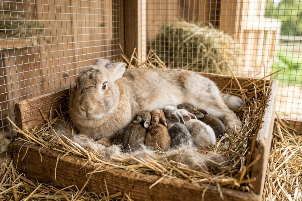 kinh-nghiem-nuoi-tho-sinh-san-cham-soc-tho-con copy Hình ảnh thỏ mẹ đang ủ ấm và cho đàn thỏ con bú trong ổ đẻ lót rơm ấm áp.