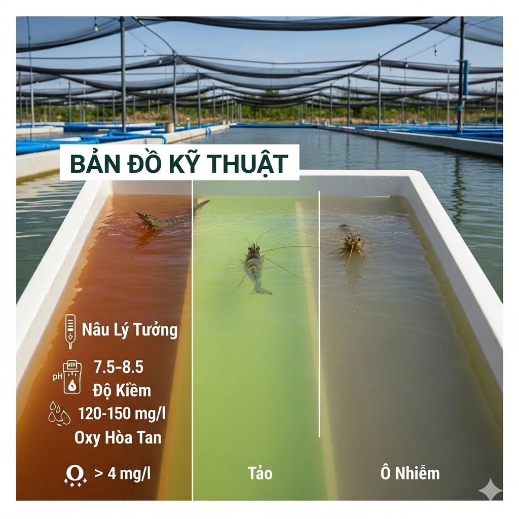 Bảng so sánh các màu nước điển hình trong ao nuôi tôm thẻ chân trắng (màu trà, màu xanh tảo, màu nước đục) cùng các chỉ số môi trường "vàng" (pH, Độ kiềm, Oxy) giúp nhà nông dễ dàng nhận biết và điều chỉnh kịp thời.
