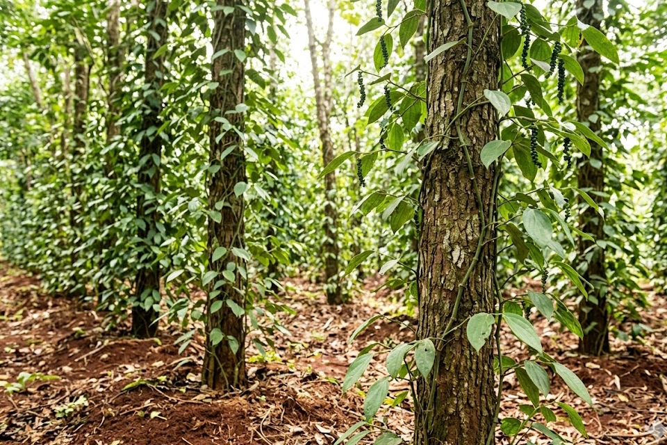 Hình ảnh mô phỏng một mô hình trồng tiêu trụ sống thành công, với cây tiêu xanh tốt và hệ sinh thái đất khỏe mạnh, góp phần phòng chống bệnh chết nhanh, chết chậm.