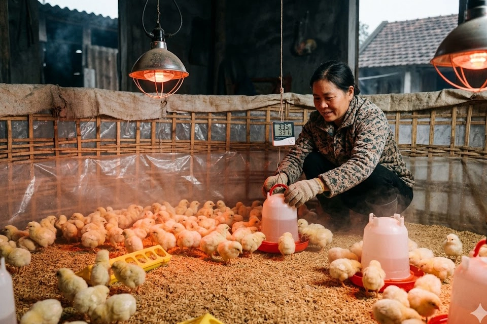 ky-thuat-um-ga-con-mua-lanh copy Khung cảnh bên trong quây úm gà con vào mùa lạnh: Ánh đèn hồng ngoại ấm áp lan tỏa trên nền trấu khô ráo, đàn gà con tản đều, khỏe mạnh và hoạt bát—dấu hiệu của môi trường được chăm sóc kỹ lưỡng theo hướng dẫn của chuyên gia GAT.VN.