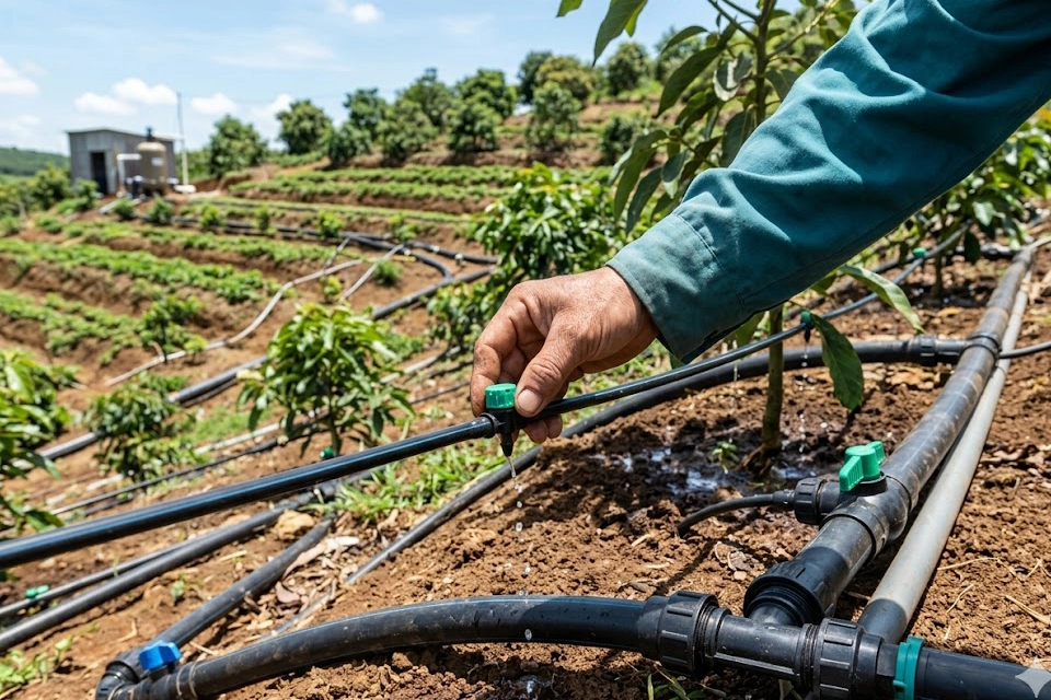 lap-dat-he-thong-tuoi-bu-ap-vuon-doi-doc-01 copy Cận cảnh một đầu béc tưới bù áp đang hoạt động tại một vườn cây ăn trái trên địa hình đồi dốc.