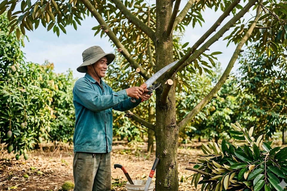 lich-cat-tia-canh-cay-an-trai-dung-ky-thuat-01 copy Hình ảnh bà con nông dân đang thực hiện kỹ thuật cắt tỉa cành cho cây sầu riêng vào thời điểm "vàng" sau thu hoạch
