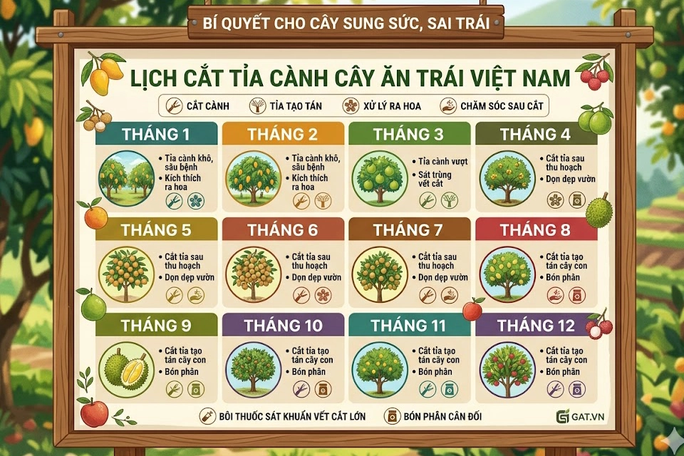 Lịch tổng hợp thời điểm cắt tỉa cành cho các loại cây ăn trái phổ biến tại Việt Nam theo từng giai đoạn phát triển: cây con, sau thu hoạch và trước khi ra hoa.