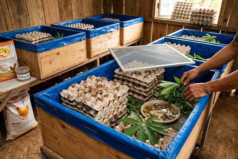 mo-hinh-nuoi-de-men-thai copy Hình ảnh một người nông dân đang chăm sóc chuồng nuôi dế mèn Thái trong diện tích nhỏ tại nhà, sử dụng vỉ trứng giấy làm nơi trú ẩn cho dế và tận dụng rau xanh làm thức ăn.