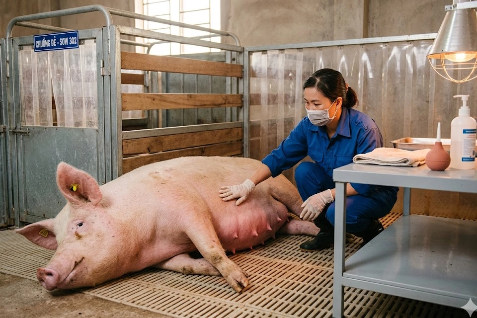 nhan-biet-va-xu-ly-lon-nai-sap-de copy Một nông dân đang chăm sóc lợn nái có dấu hiệu sắp đẻ, đảm bảo môi trường yên tĩnh và an toàn.