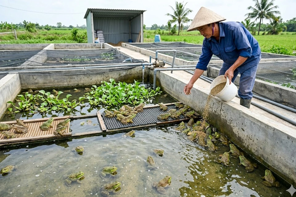 nuoi-ech-thuong-pham-be-xi-mang copy Bà con nông dân đang chăm sóc đàn ếch thương phẩm khỏe mạnh trong hệ thống bể xi măng được quản lý kỹ lưỡng.