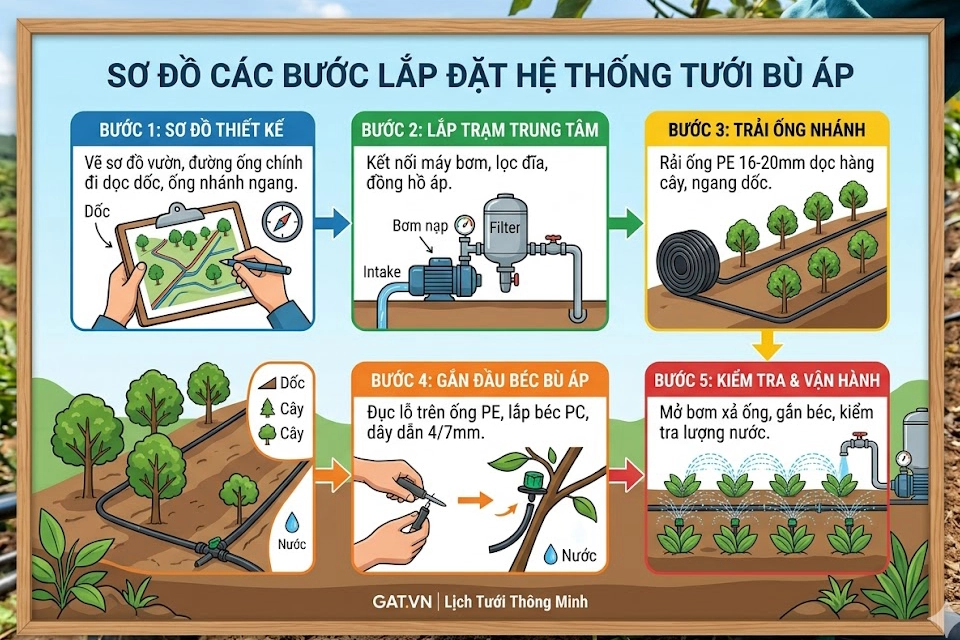 Sơ đồ minh họa 5 bước cơ bản để lắp đặt một hệ thống tưới bù áp hiệu quả cho địa hình đồi dốc.