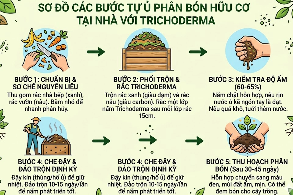 Sơ đồ 5 bước đơn giản để tự ủ phân hữu cơ tại nhà bằng chế phẩm Trichoderma