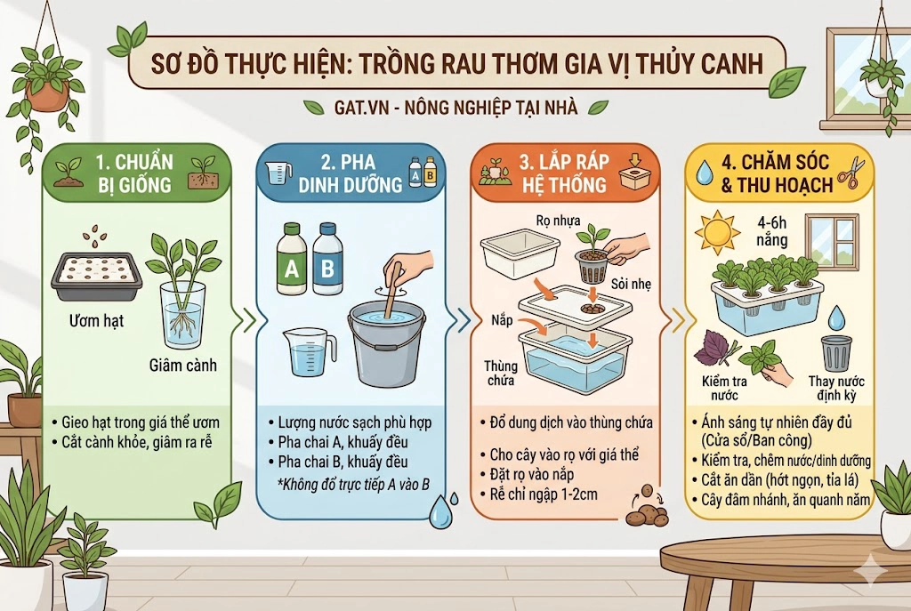 Sơ đồ 4 bước thực hiện trồng rau thơm thủy canh tĩnh đơn giản tại nhà.