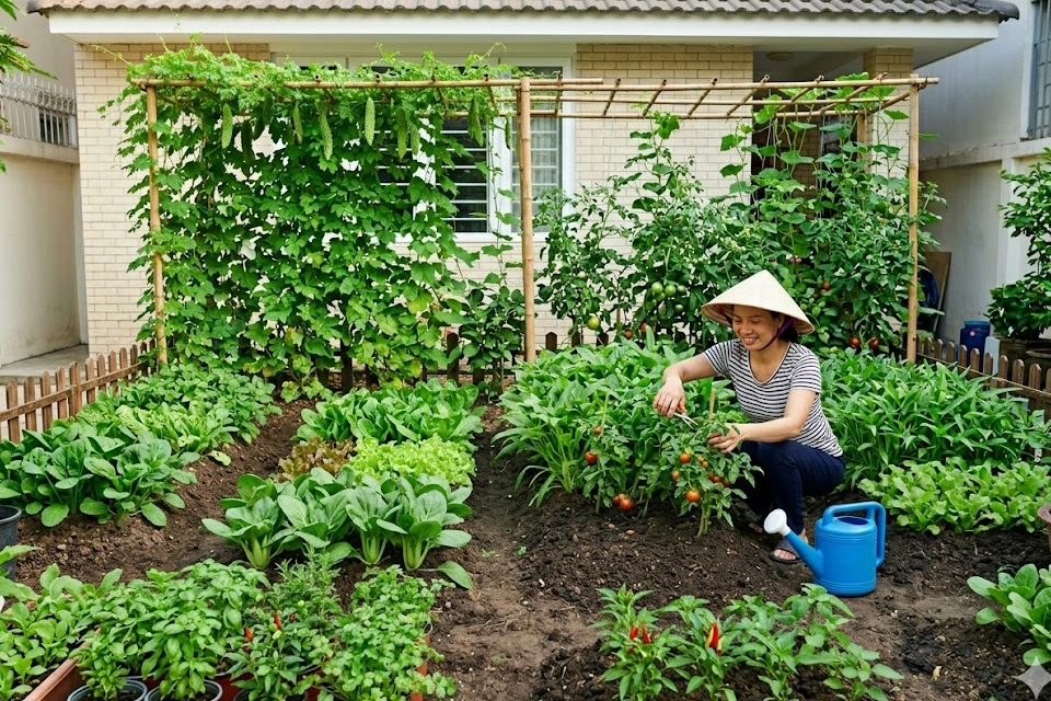 thiet-ke-vuon-rau-sach-4x5m-truoc-san Hình ảnh minh họa một mô hình vườn rau sạch 4x5m được thiết kế ngăn nắp trước sân nhà