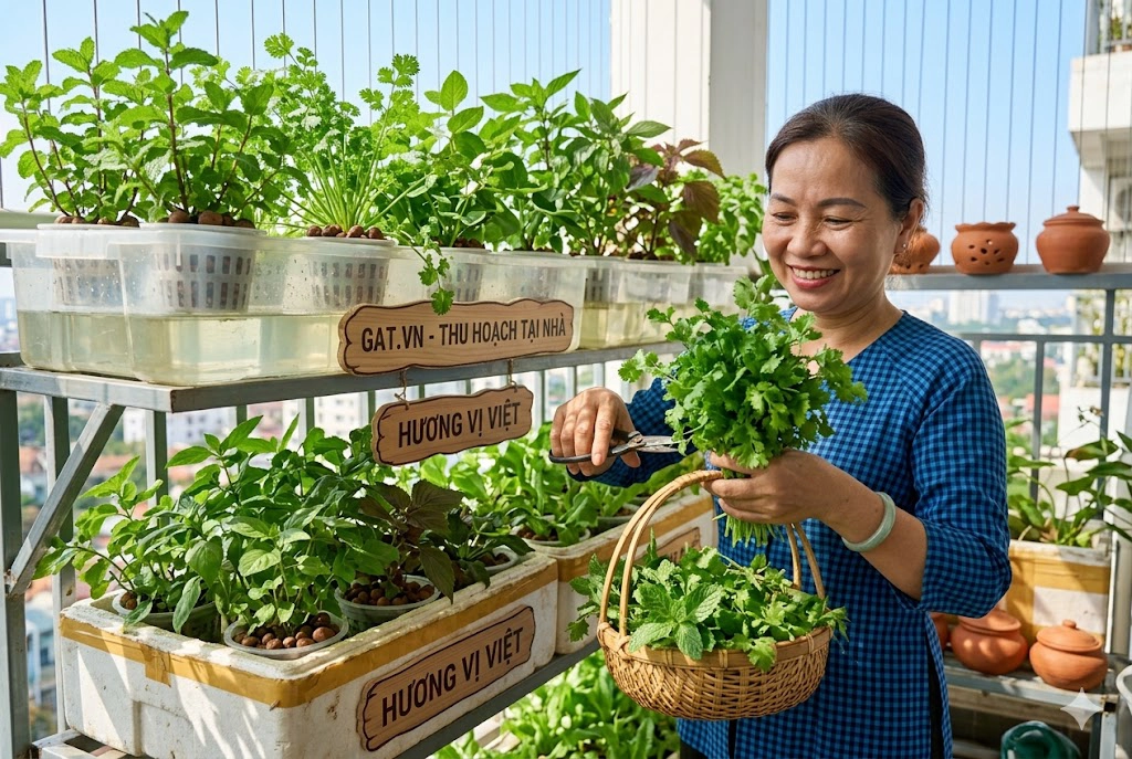 thu-hoach-rau-thom-thuy-canh Hình ảnh thu hoạch rau thơm thủy canh tại nhà "không cần đất"