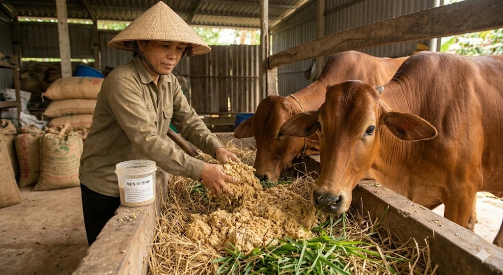Nhà nông trộn bã đậu làm thức ăn cho gia súc