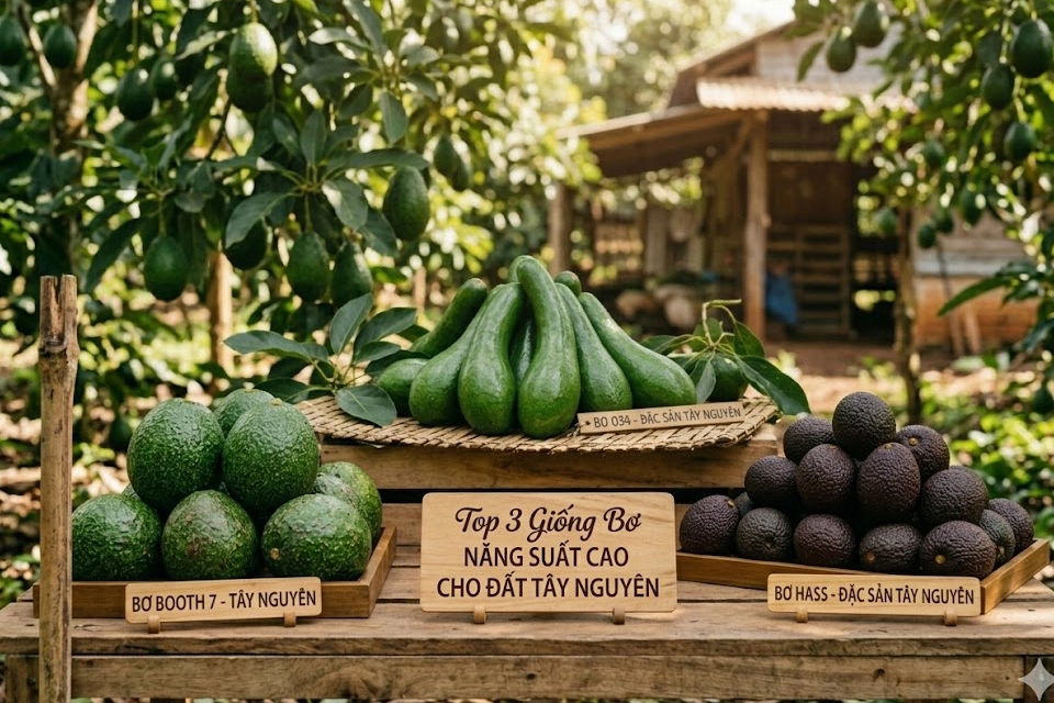 top-3-giong-bo-nang-suat-cao-tay-nguyen copy Hình ảnh chân thực tại một nhà vườn ở Tây Nguyên, trưng bày 3 giống bơ năng suất cao phổ biến nhất: Bơ Booth 7, Bơ 034 và Bơ Hass.