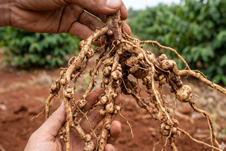 tri-tuyen-trung-re-gat-vn copy Hình ảnh cận cảnh bộ rễ cây bị nhiễm tuyến trùng nặng, xuất hiện vô số các nốt sưng u sần, biến dạng hoàn toàn và không còn rễ tơ để hút dinh dưỡng, dẫn đến hiện tượng vàng lá thối rễ.