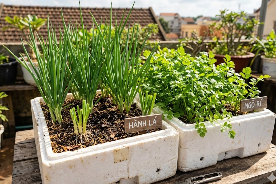 trong-hanh-ngo-thung-xop-01 Cận cảnh cách thu hoạch "bền vững" tại nhà: Một bàn tay cẩn thận dùng kéo sắc cắt ngang một cụm hành lá đã trưởng thành, để lại khoảng 10cm gốc để cây tiếp tục đâm chồi mới.
