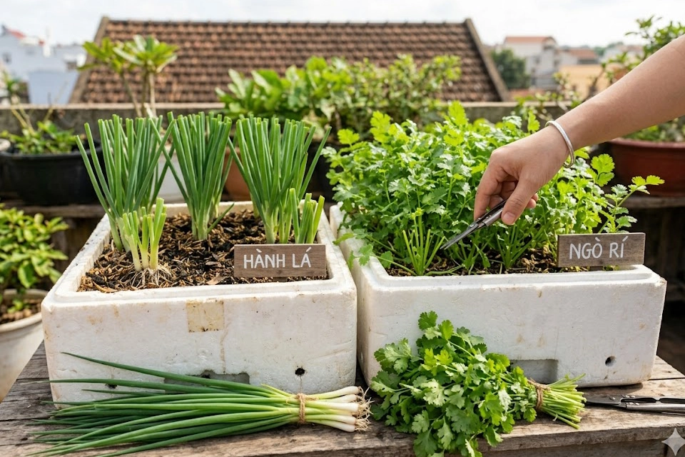 Cận cảnh cách thu hoạch "bền vững" tại nhà: Một bàn tay cẩn thận dùng kéo sắc cắt ngang một cụm hành lá đã trưởng thành, để lại khoảng 10cm gốc để cây tiếp tục đâm chồi mới.