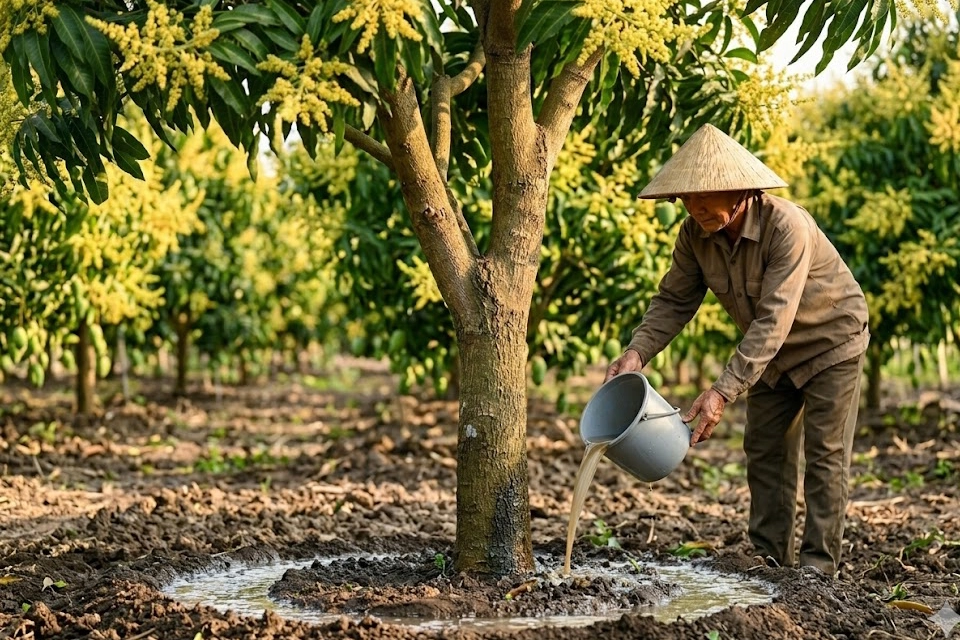 tuyet-chieu-xu-ly-xoai-ra-hoa-trai-vu-dat-ty-le-dau-qua-cao-03 Người nông dân đang đổ dung dịch Paclobutrazol đã pha sẵn quanh gốc cây xoài