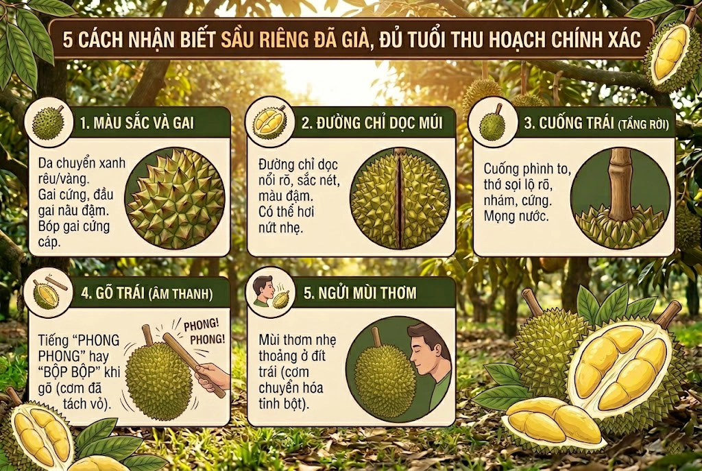 Chi tiết hướng dẫn 5 cách nhận biết sầu riêng đã già, đủ tuổi thu hoạch chính xác nhất dựa trên kinh nghiệm thực tế.