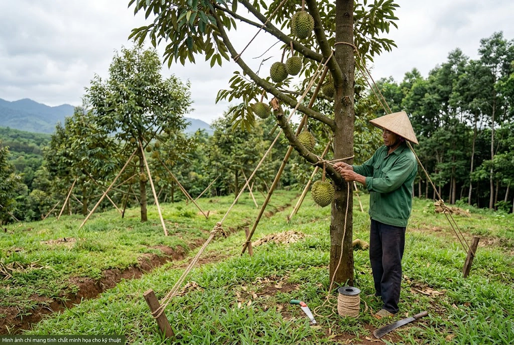 bao_ve_sau_rieng_mua_bao copy Hình ảnh một lão nông ở Đắk Lắk đang tỉ mẩn dùng dây néo, chằng buộc chắc chắn các cành sầu riêng trĩu quả vào thân chính để phòng tránh bị gió giật làm gãy cành. Đây là bước quan trọng nhất mà bà con cần làm ngay khi mùa mưa bão đến gần.