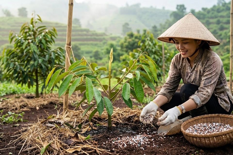 cach-bon-phan-cho-sau-rieng-nam-dau-tien-an-it-nhung-no-lau-01 copy Hình ảnh nhà nông bón phân cho sầu riêng con.