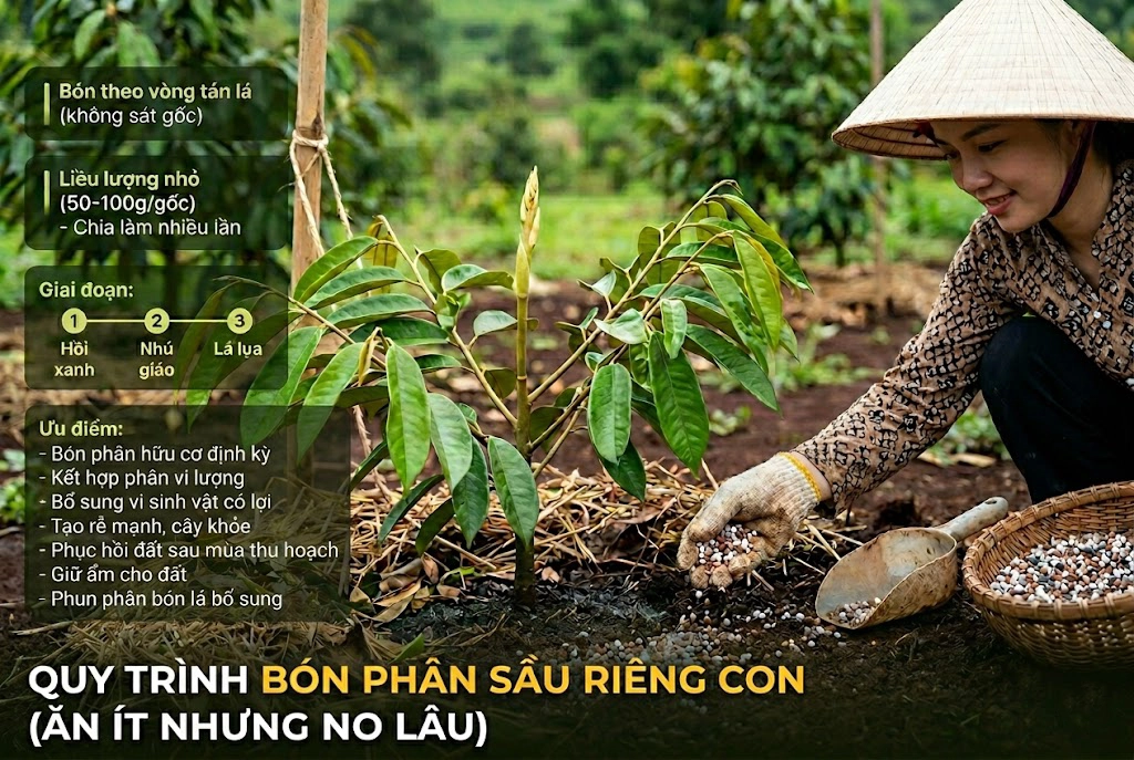 Nhà nông đang áp dụng phương pháp bón phân "ăn ít no lâu" cho cây sầu riêng một năm tuổi. Phân hạt (kết hợp hữu cơ và NPK) được rải đều xung quanh tán lá, cách gốc một khoảng an toàn để kích thích bộ rễ phát triển mạnh mà không lo bị cháy.