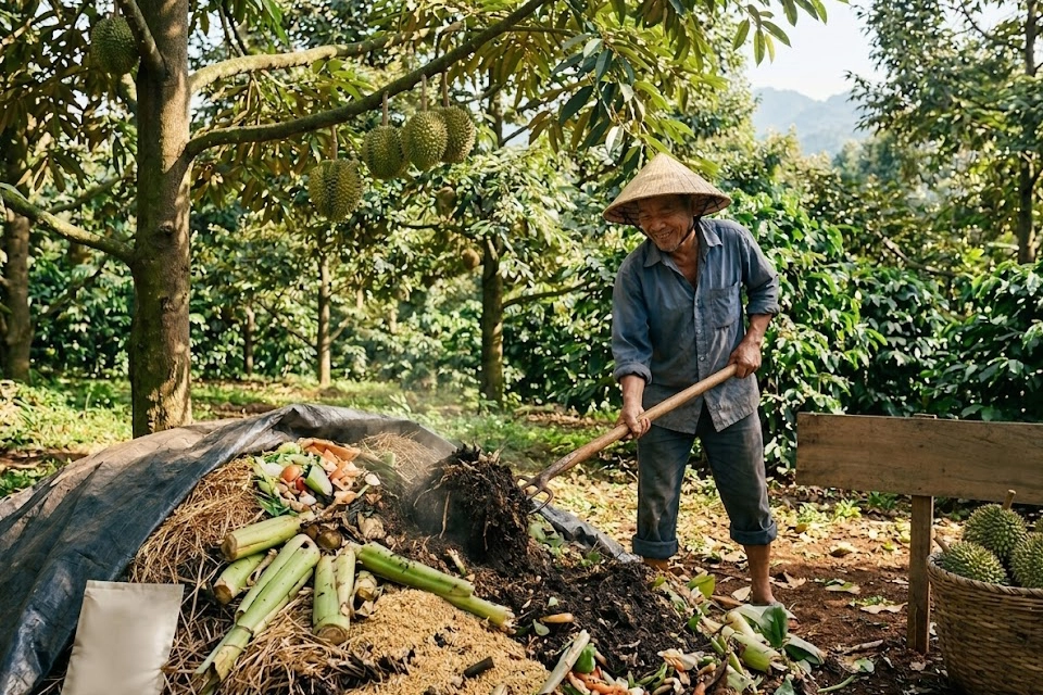 cach-lam-phan-huu-co-tai-nha-cho-sau-rieng copy Tuyệt chiêu "biến rác thành tiền": Sầu riêng xanh mướt mà ví tiền vẫn dày cộp!