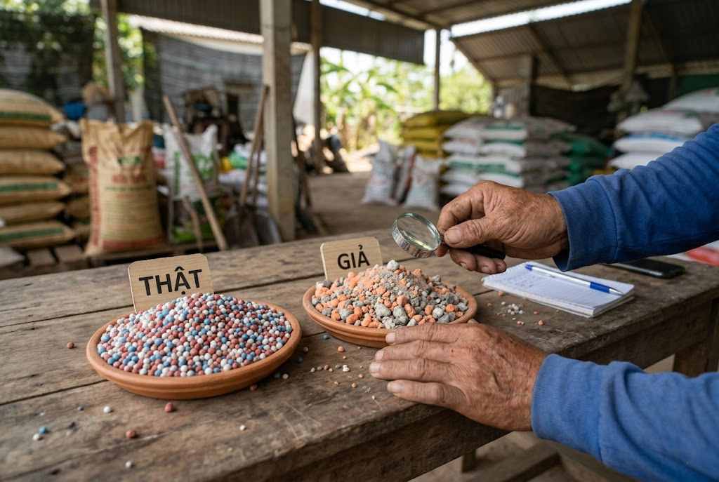 cach-phan-biet-phan-bon-that-gia-mat-thuong copy Hình ảnh minh họa cách so sánh trực quan giữa phân bón thật (hạt đều, bóng) và phân bón giả (hạt thô, vón cục) giúp bà con nhận biết nhanh.