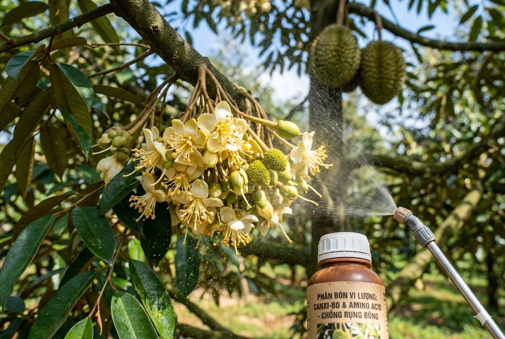 cham-soc-sau-rieng-xot-nhuy-canxi-bo copy Cận cảnh chùm hoa sầu riêng đang xổ nhụy được phun sương bổ sung vi lượng Canxi-Bo và Amino Acid, giúp cuống dẻo dai, chống rụng và tăng tỉ lệ đậu trái. Background cho thấy những trái sầu riêng non đã đậu thành công.
