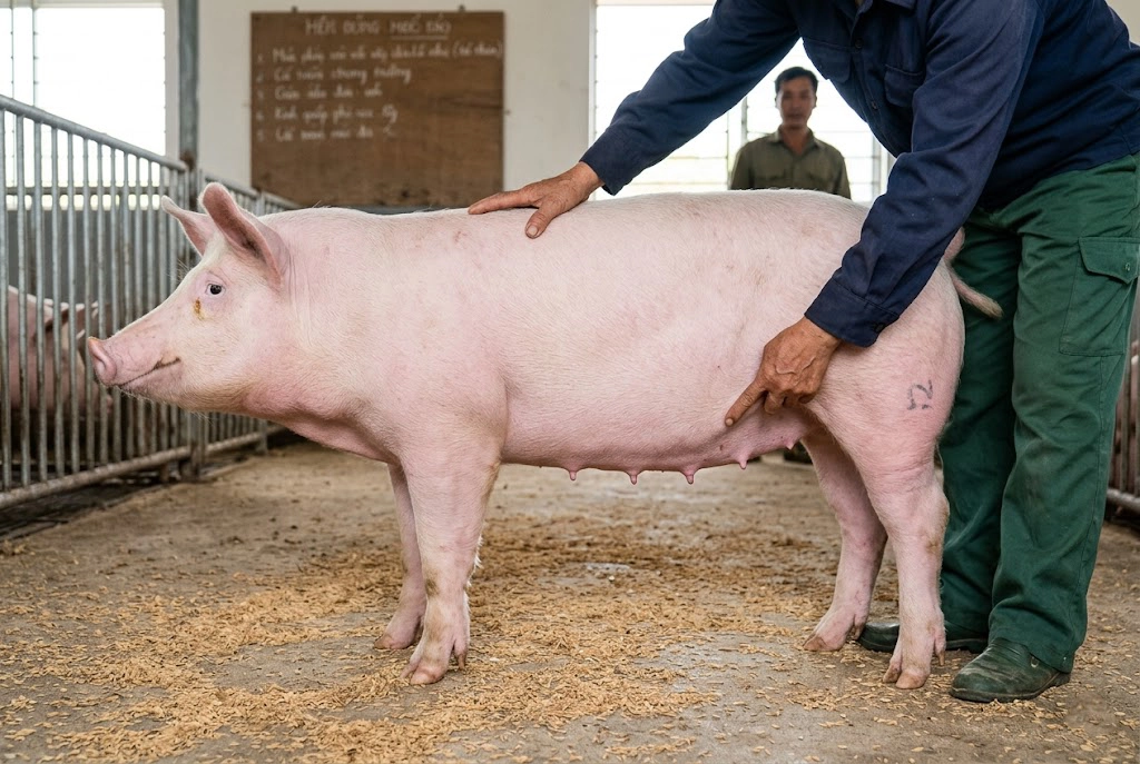 chon_lon_hau_bi_khung_xuong_to copy Hình ảnh thực tế chuyên gia hướng dẫn cách kiểm tra khung xương và hàng vú đều, đẹp của lợn nái hậu bị chuẩn, đảm bảo khả năng sinh sản và nuôi con tốt sau này.