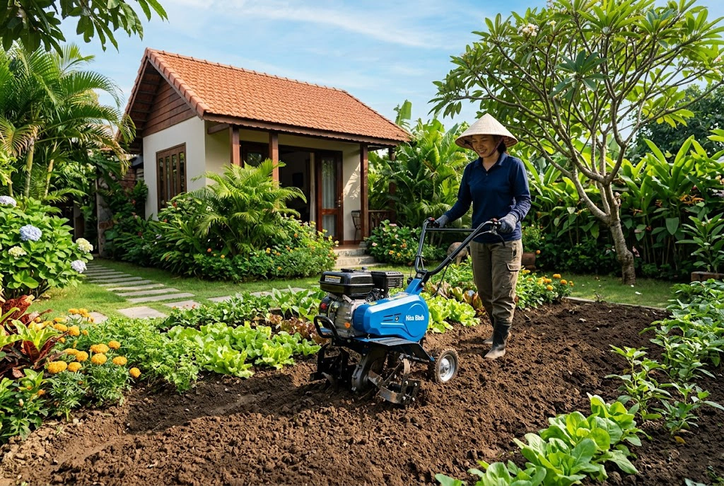 danh-gia-may-cay-mini-xoi-dat-cho-san-vuon copy Hình ảnh máy cày mini xới đất đang vận hành trong sân vườn